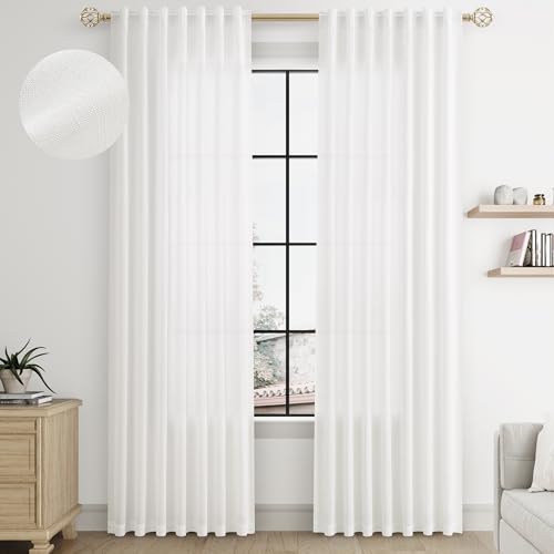 Size 52x96 Color White Soft White Semi Sheer Textured Linen Curtains 96 Inches Length Long, 2 Panels Set for Bedroom Dining Living Room,Back Tab,Rod Pocket,Clip Rings Light Filtering Window Drapes,W52 x L96